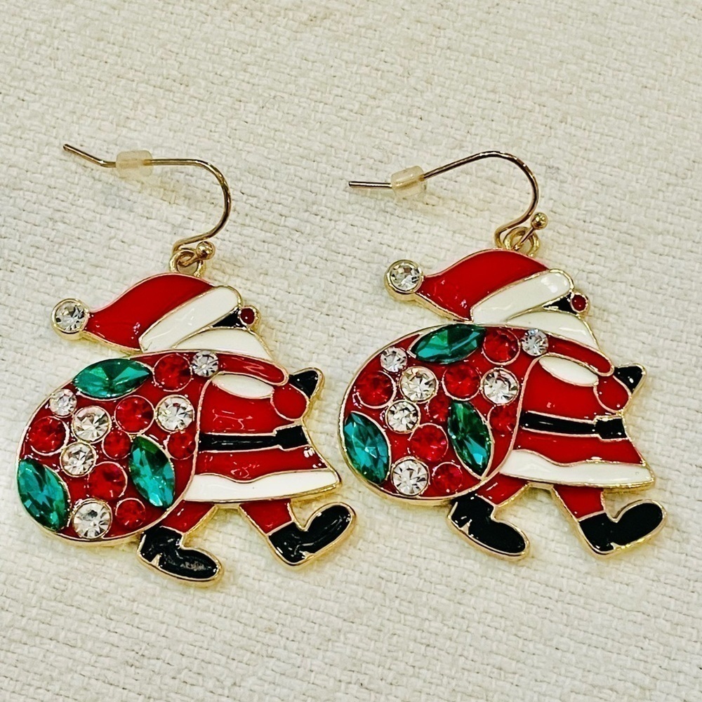 💐5/25 Santa enamel colorful silvertone Christmas earrings rhinestone gift bag